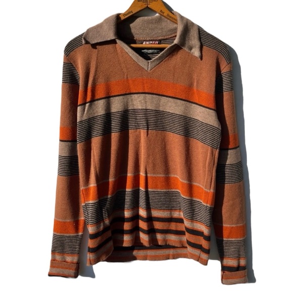 Vintage Sweaters - Vintage 70s Campus Knit Striped Collared V-Neck Long Sleeve Sweater Brown